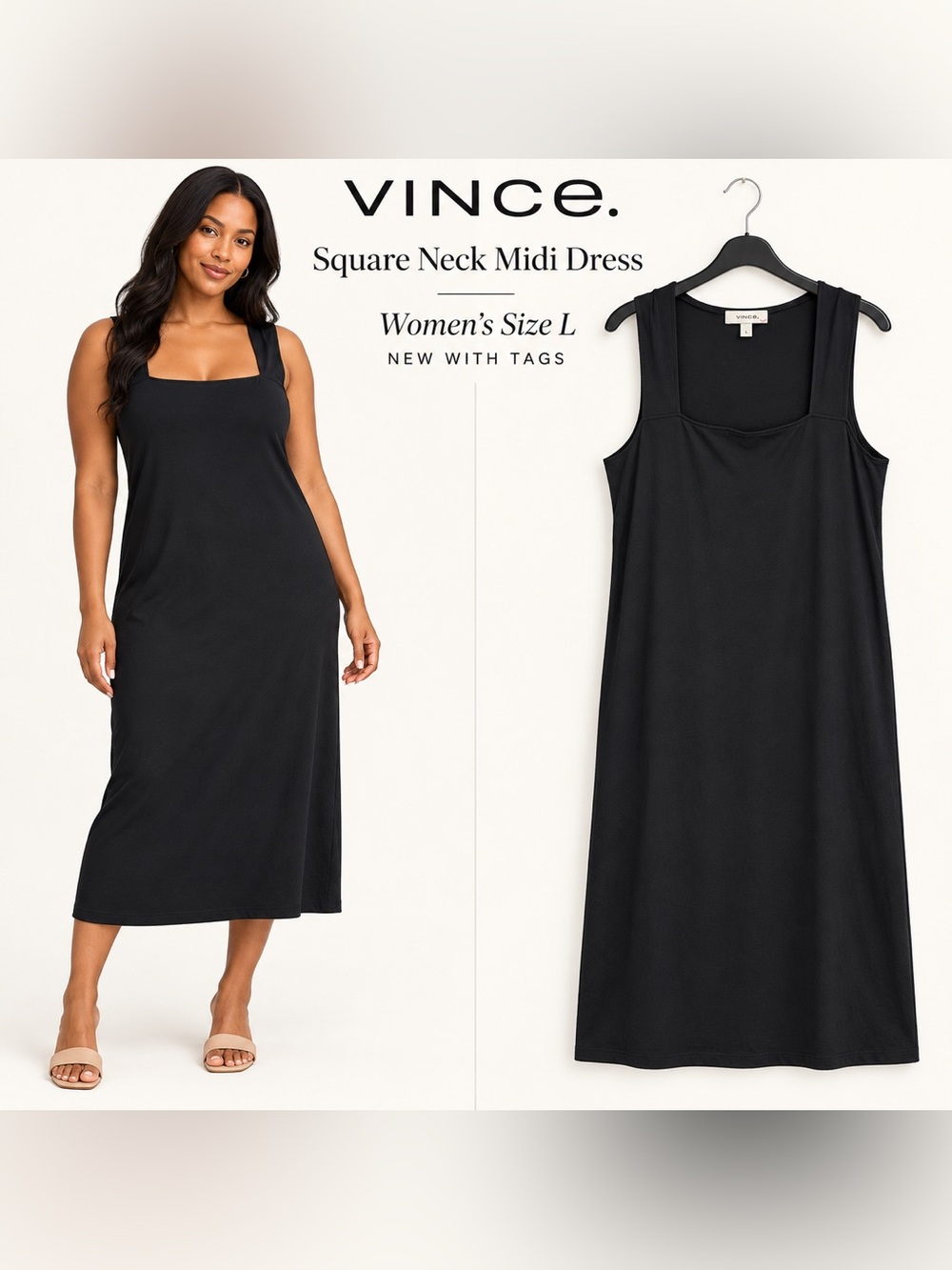 Vince Square Neck Midi Dress Women’s Size L Black NWT